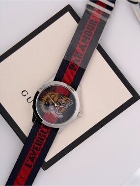 Gucci Navy and Red Tiger Dial Nylon Strap Watch G timeless ***NWT***